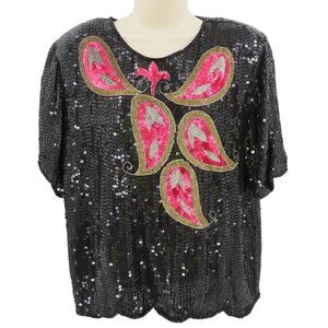 VTG Channa Womens XL Silk Beaded Sequin Paisley Scroll Short Sleeve Shirt Blouse